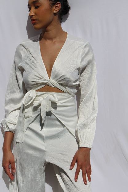 ensemble pant + blouse en crêpe satiné blanc