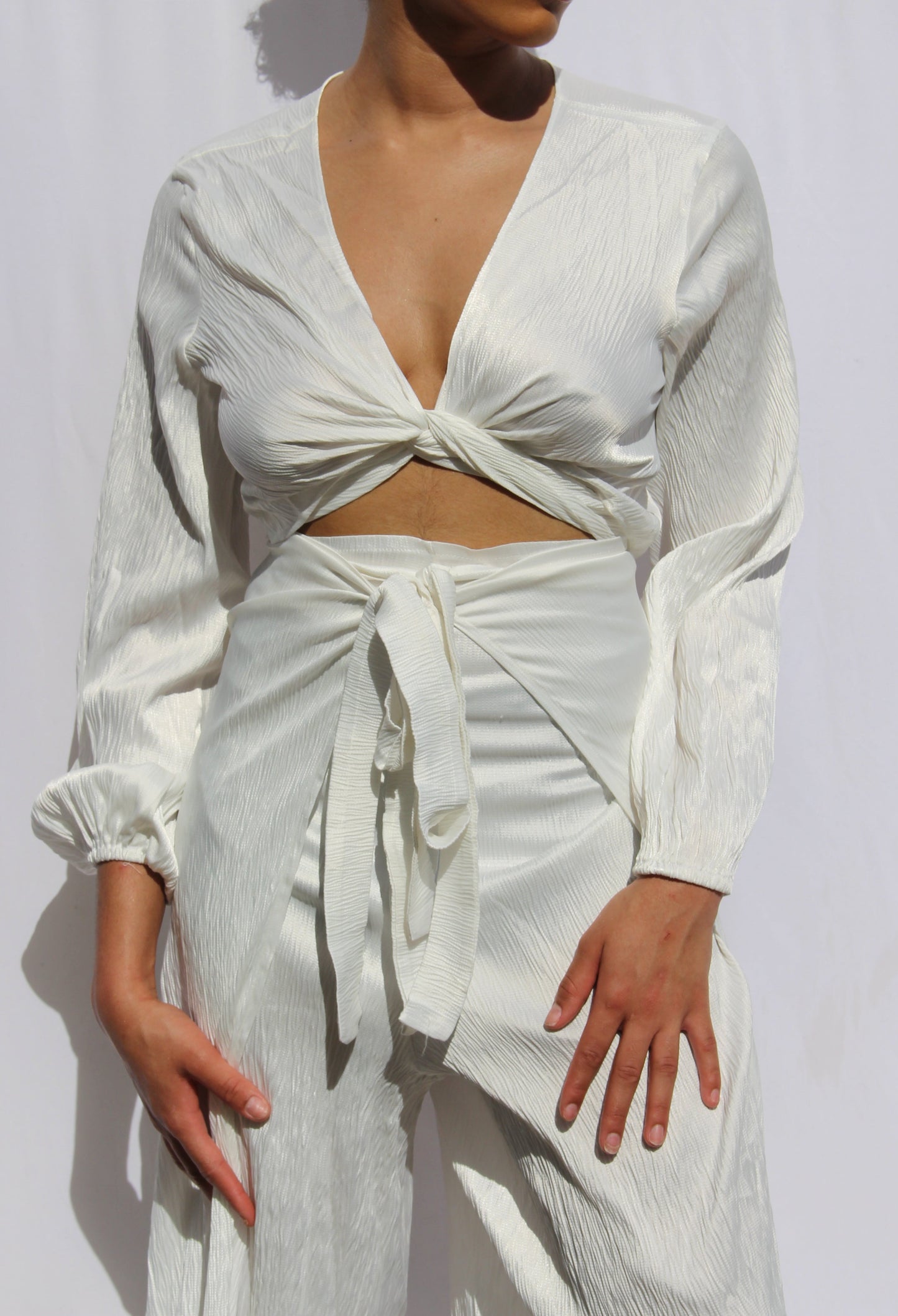 ensemble pant + blouse en crêpe satiné blanc