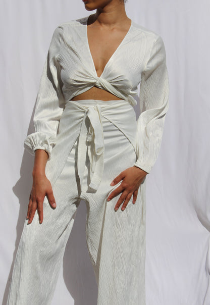 ensemble pant + blouse en crêpe satiné blanc